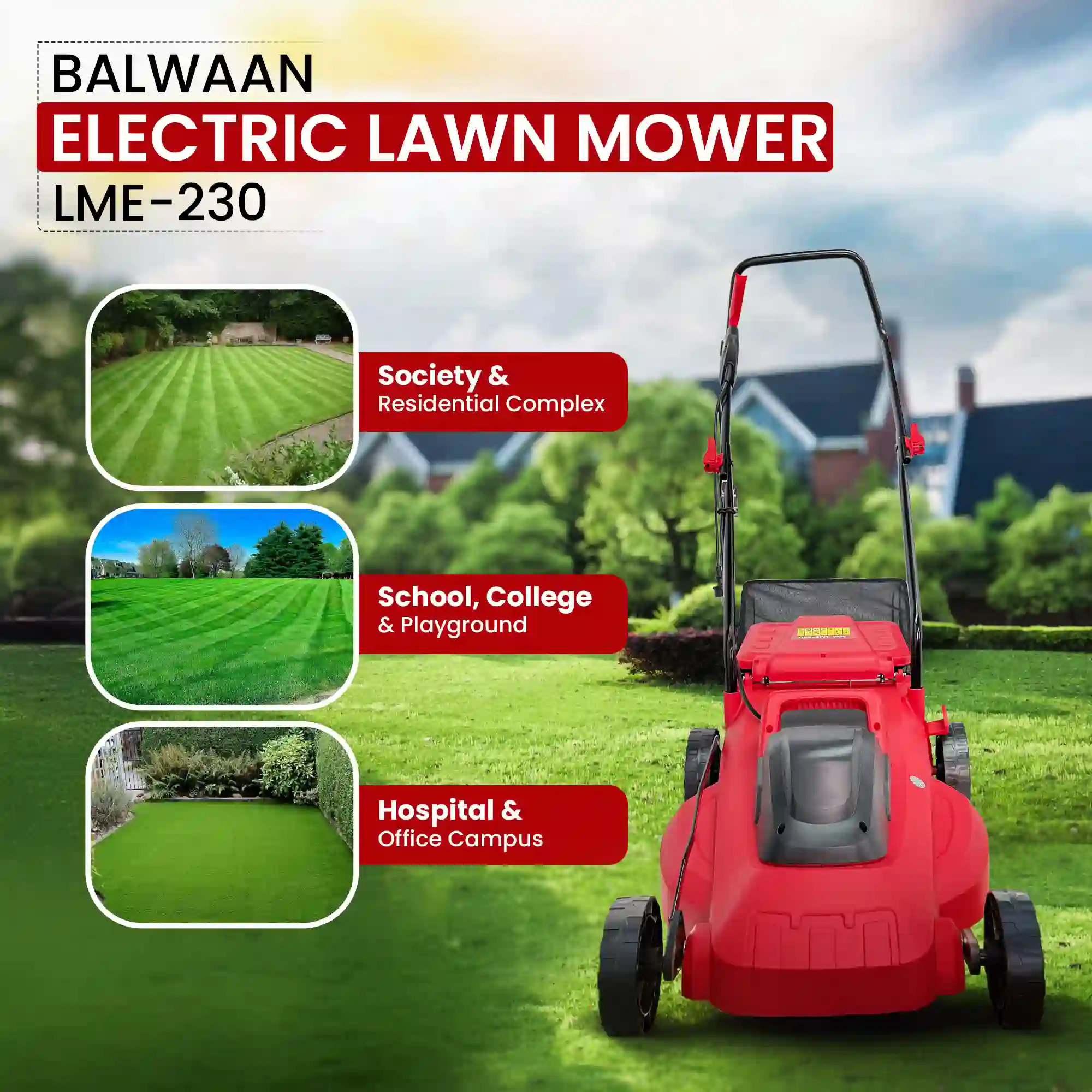 electric lawn mower Balwaan LME-230 for residential garden grass cutting machine India